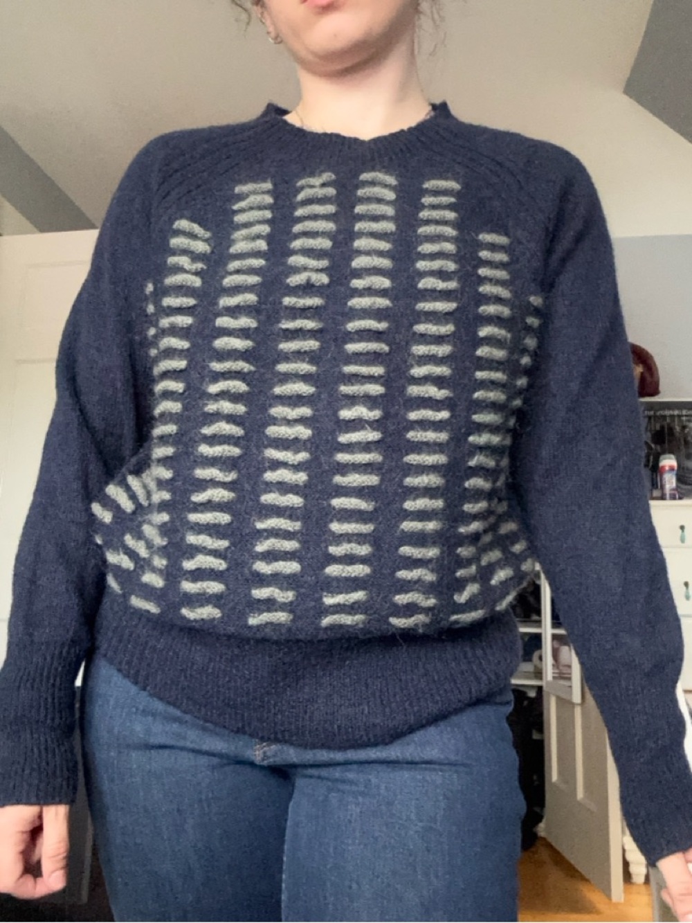 Navy Crewneck Sweater with Gray Green Vertical Stitch Pattern
